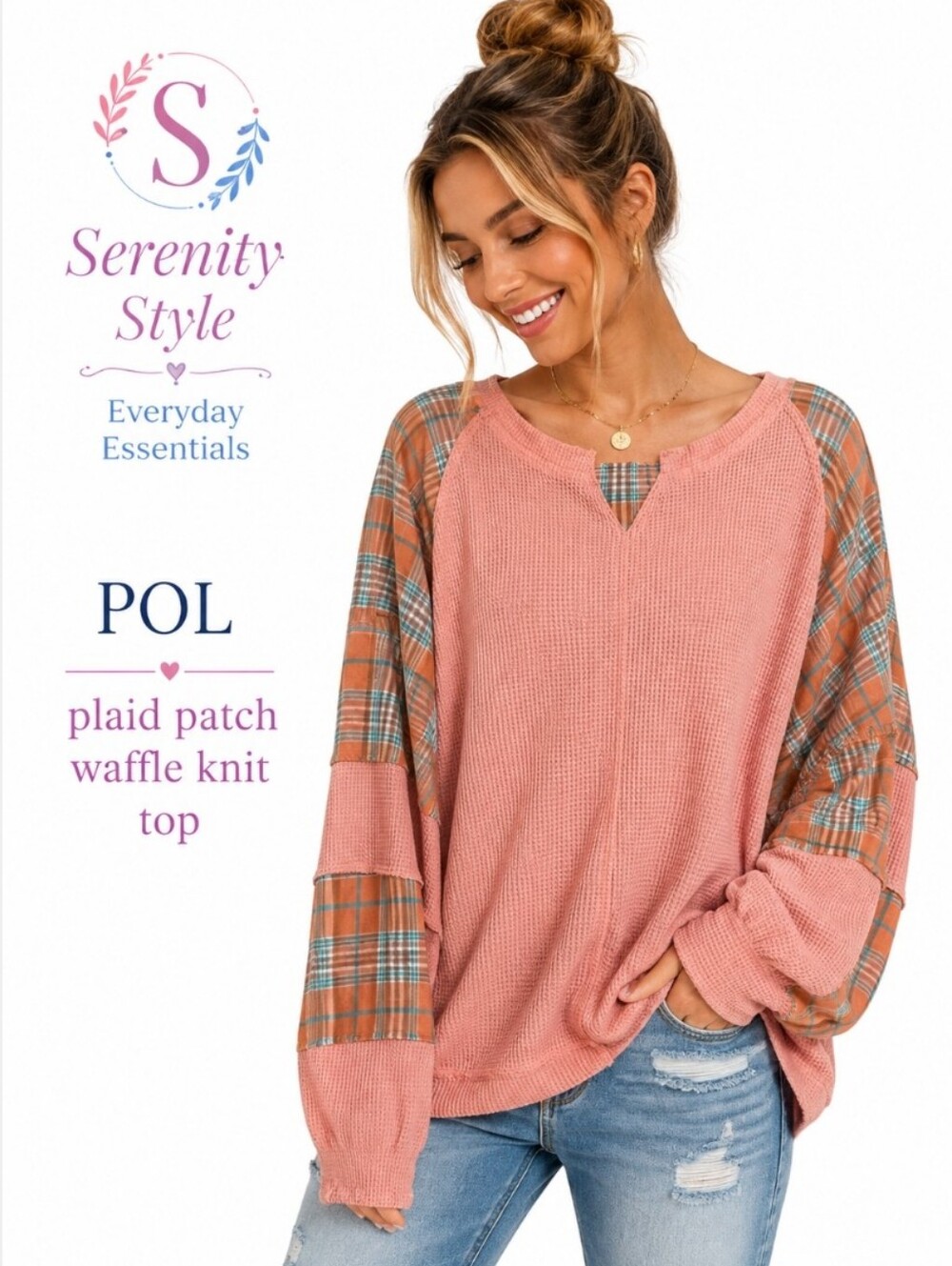 POL Plaid Patch Waffle Knit Top Small Pink Oversized Boho Pullover
